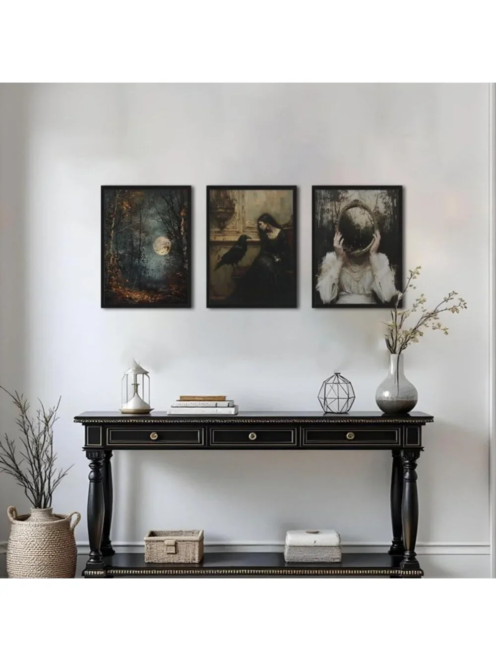 Gothic Dark Academia Wall Art Set of 3 - Vintage Witch Raven Canvas Prints